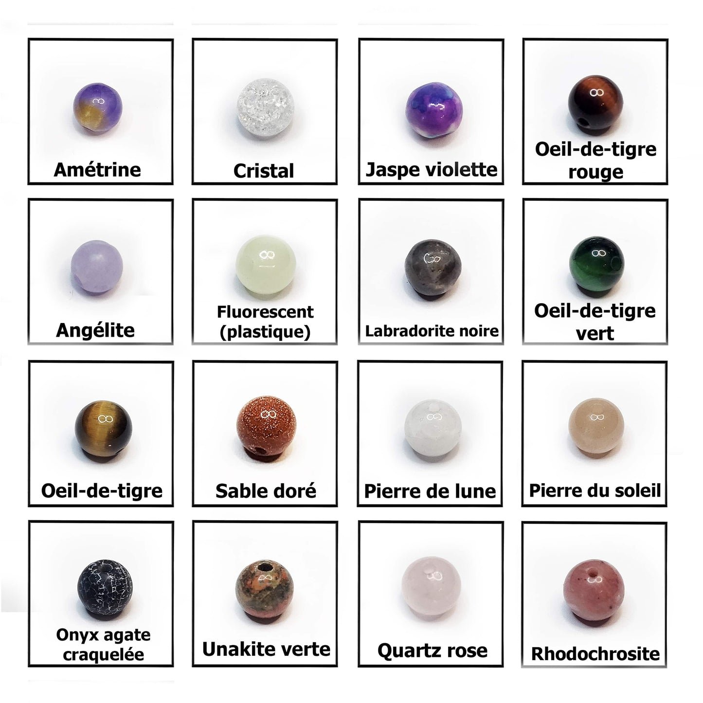 pierres fines naturelles au choix : Amétrine, cristal, jaspe violette, oeil de tigre rouge, angélite, labradote noire,  oeil de tigre vert, oeil de tigre marron, sable doré, pierre de lune, pierre du soleil, onyx agate craquelée, unakite verte, quartz rose, rhodochrosite et même perle en plastique fluorescente.