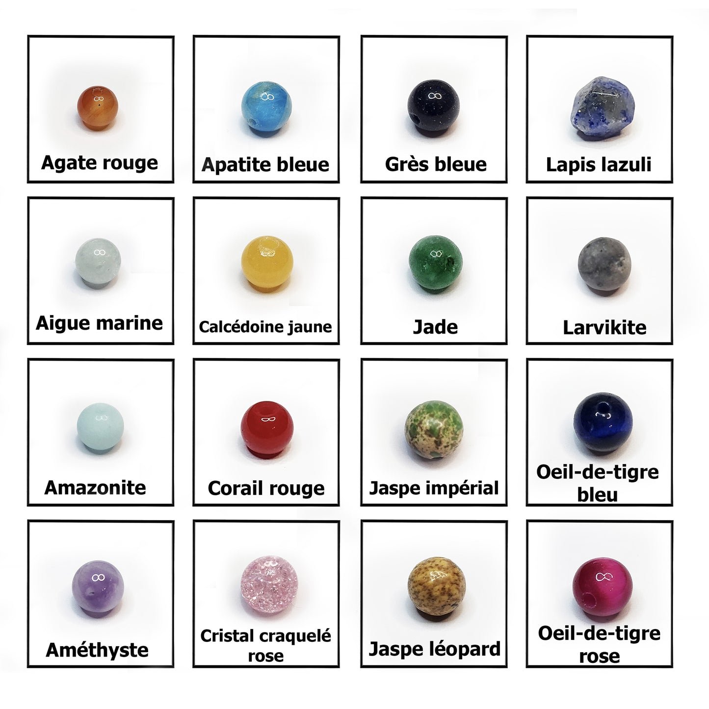 Pierres fines naturelles au choix : agate rouge, apatite bleue, grès bleue, lapis lazuli, aigue marine, calcédoine jaune, jade, larvikite, amazonite, corail rouge, jape impérial, oeil de tigre bleu, améthyste, cristal craquelé rose, jaspe léopard et oeil de tigre rose