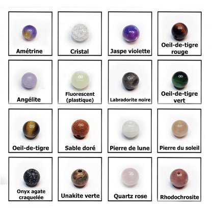 pierres fines naturelles au choix : Amétrine, cristal, jaspe violette, oeil de tigre rouge, angélite, labradote noire,  oeil de tigre vert, oeil de tigre marron, sable doré, pierre de lune, pierre du soleil, onyx agate craquelée, unakite verte, quartz rose, rhodochrosite et même perle en plastique fluorescente.