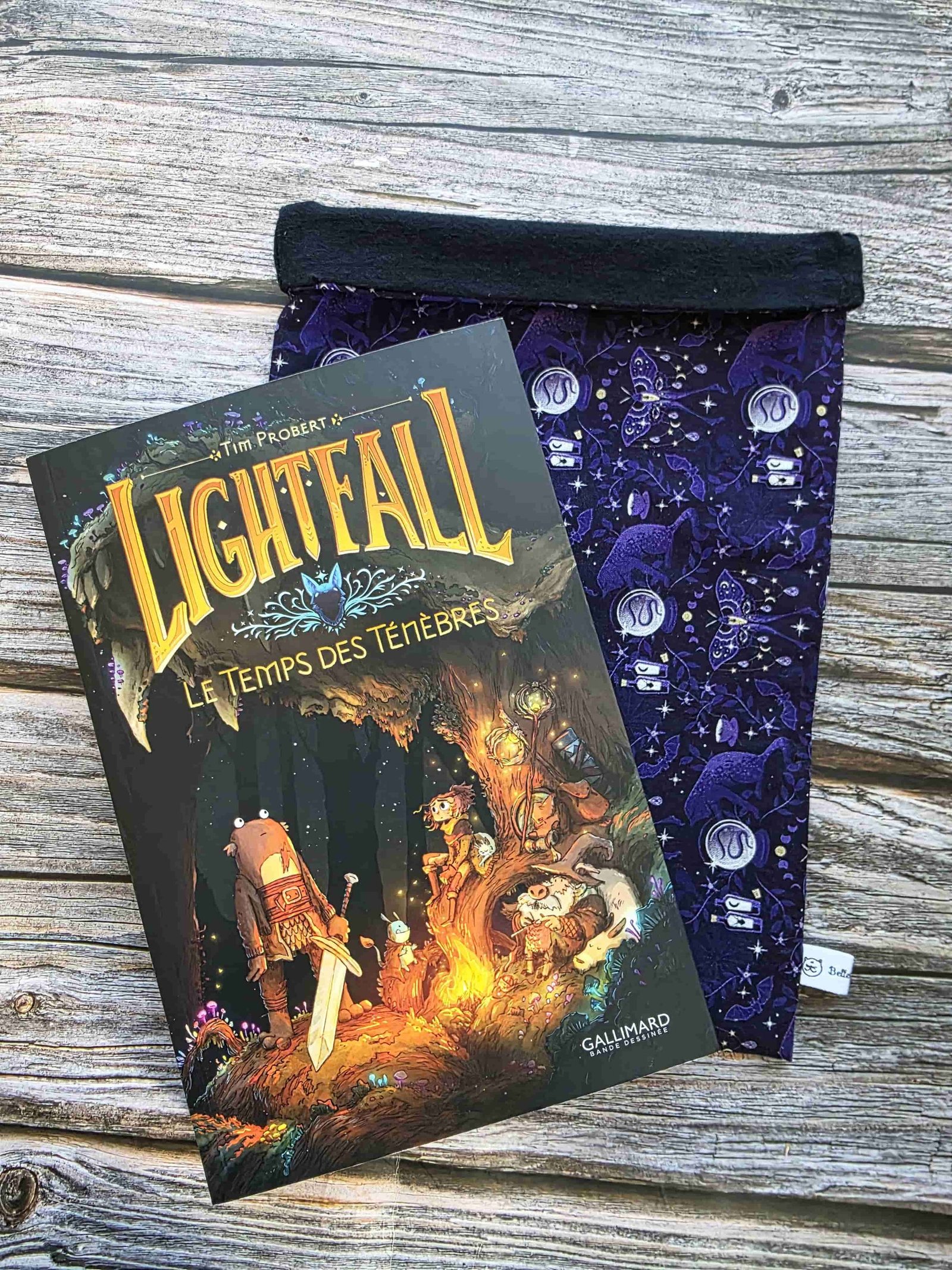 pochette livre chat ésotérique, esoteric, witchy, book sleeve, custom book sleeve, pochette à livre, chat boule de cristal, fait main, bretagne, bellette workshop avec livre à côté